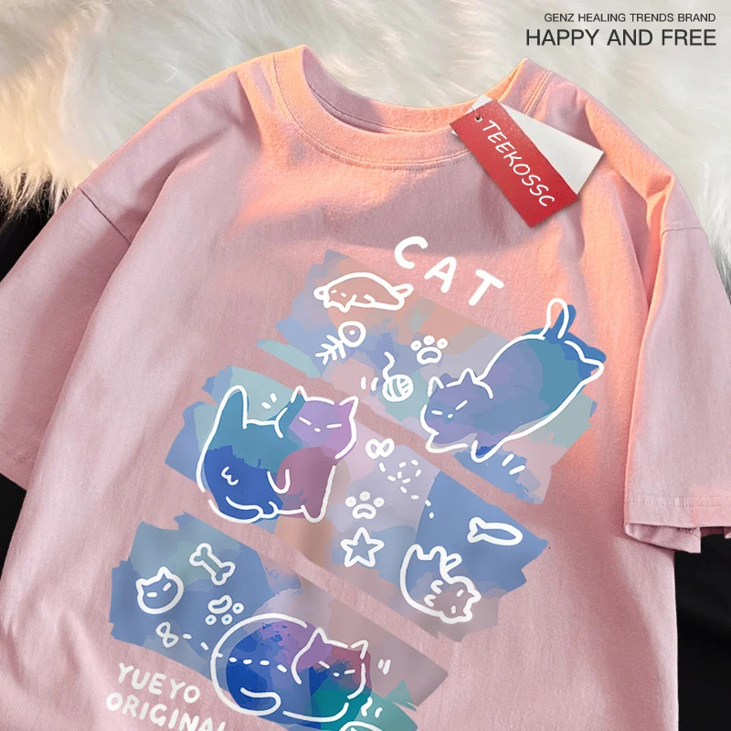 Fun Mischievous Cat Print Japanese Style T-Shirts Men Women Fashion Tshirs Breathable Summer T-Shirts Cotton Loose Tee Clothes 250226