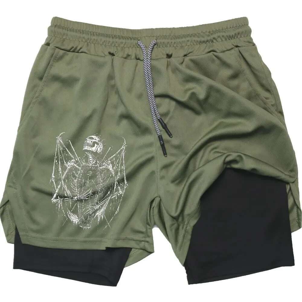 Y2k Performance Men Quick-Drying Fiess Skull Print Double Layer Shorts Workout Training Running Bodybuilding Sportwear