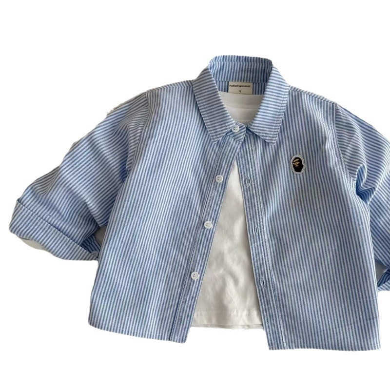 T-shirts Blue Childrens Shirt 2025 Autumn New Product Shirt Mens and Womens Clothing Long Sleeve Boys Shirt Korean Edition Boys ShirtY250227ORYP
