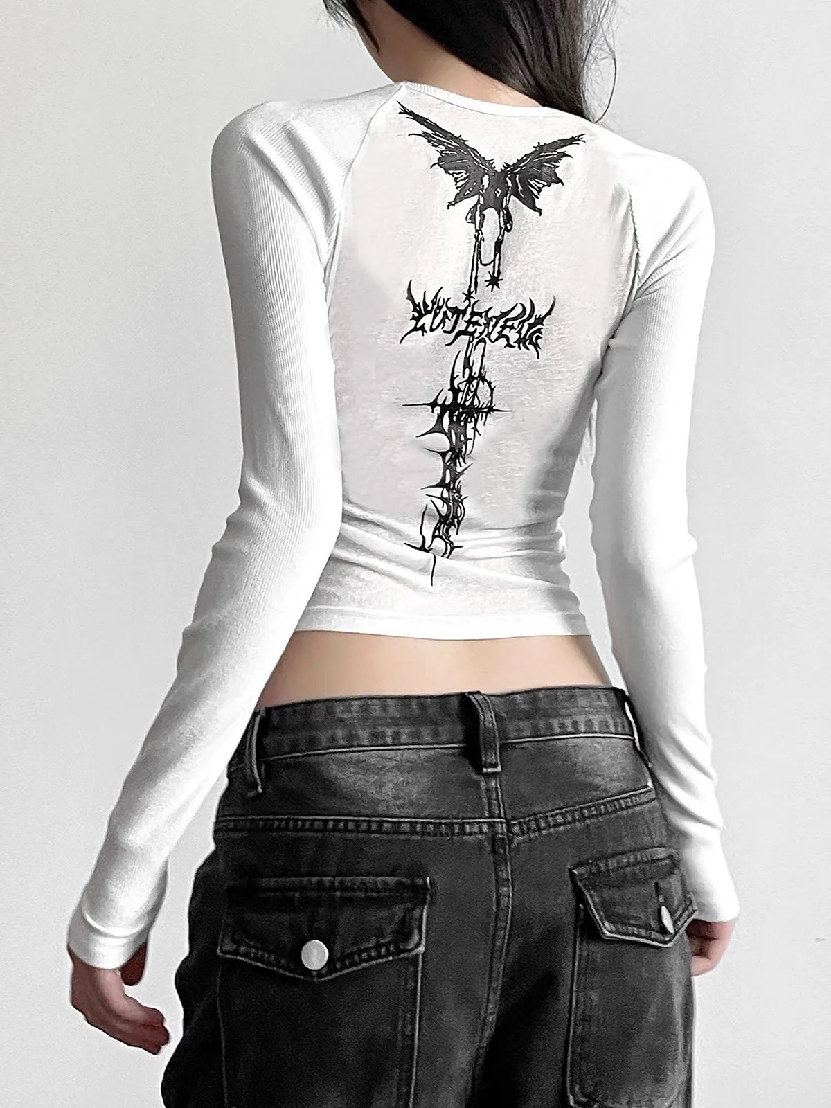 Vintage Flared Long Sleeve Corset Crop Tops Womens Aesthetic Grunge Printed Tees Gothic Round neck Tshirts Y2K Street 250226