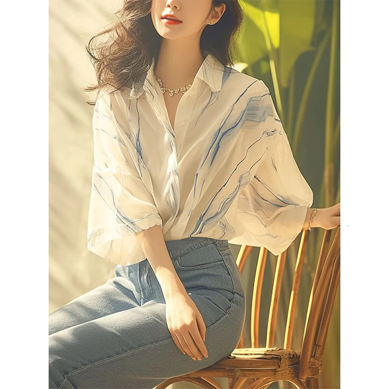 Simplicity Office Lady 3/4 sleeve Solid Color Printing Polo Collar Shirts Women Spring Summer Fashion All-match Striped Tops 250226