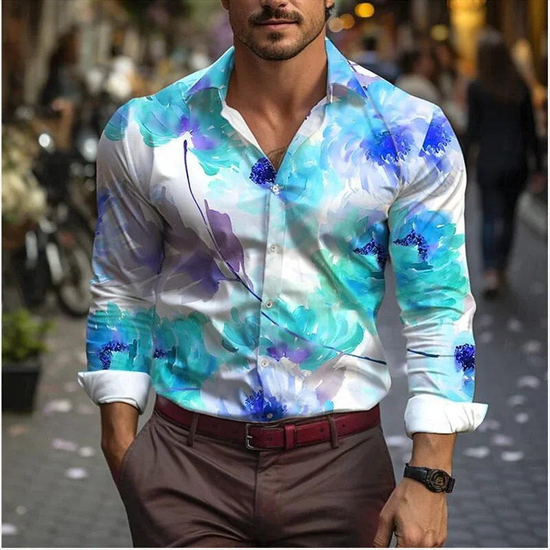 Mens Western Shirt Vintage Pattern Lapel Long Sleeve Button Print Top Fashion Streetwear Western Style 250224