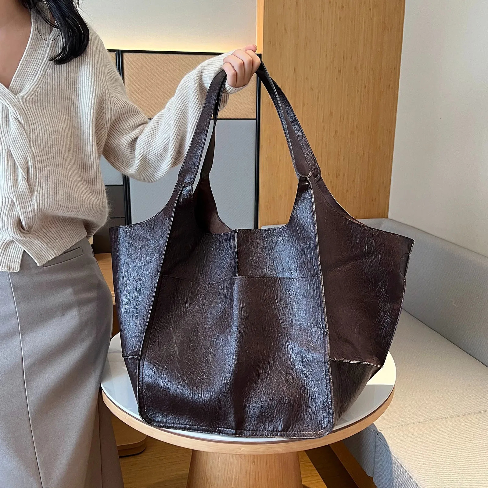 Ship from US Solid European American Style Large Bag Over The Shoulder Bags For Women Leather Capacity One Portable Tote 250227FBB