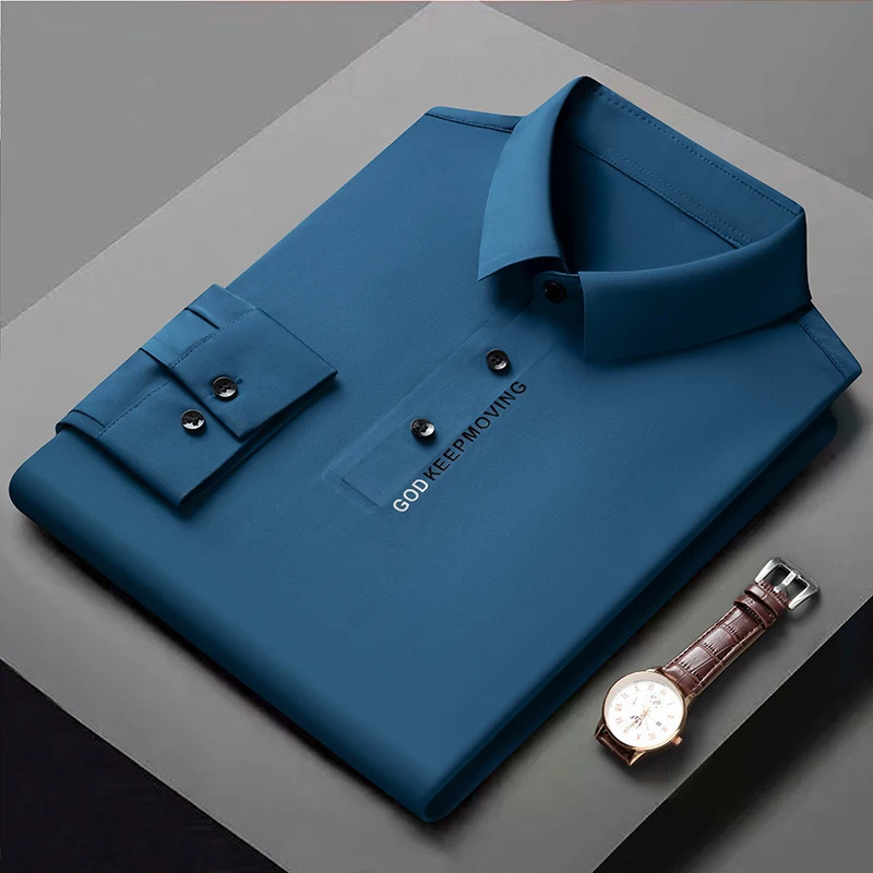 High Quality Mens Long Sleeved POLO Shirt Autumn Solid Color Printing Seamless Ice Silk Lapel Fashionable Mens Clothing 250225