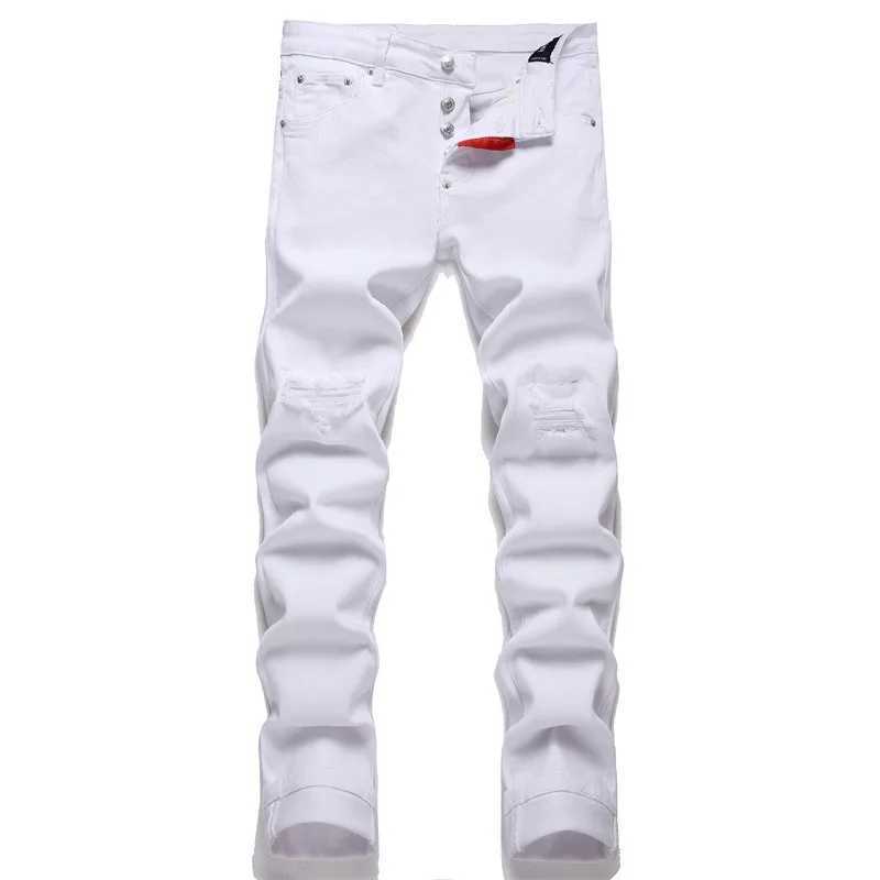 Pure white jeans mens fine pore cotton elastic four season casual cotton mens basic washing process X250227