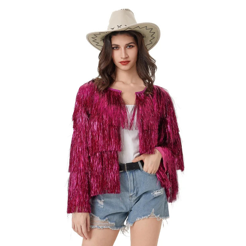 y womens silver gold silk tassel jacket multilayer pleated long sleeved spring summer Halloween cardigan woolen sweater dance top 250227