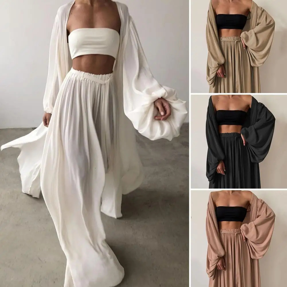 Fabulous with Belt Elastic Waist Lantern Sleeves Wide Leg Women Autumn Suit Long Sleeve Coat Lady Pants Set Women Clothes 250226