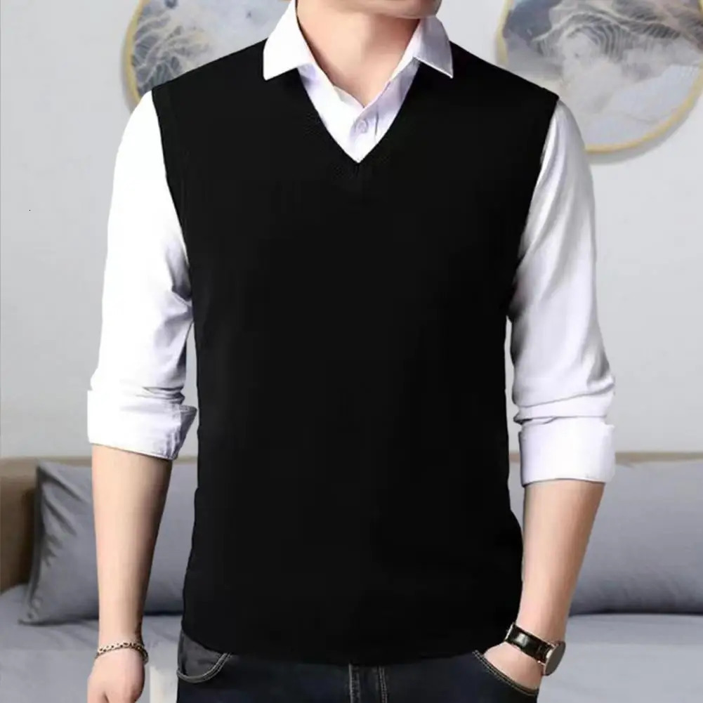 Knitted Vest Casual Versatile Midaged Mens Vneck Sweater Slim Fit Sleeveless Pullover with Ribbed 250225