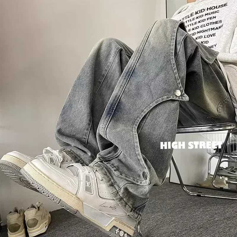 American Style Casual High Street Fashion Design Sensibility Niche Mens Loose Fit Straight Leg Denim Pants Spring Season X250227