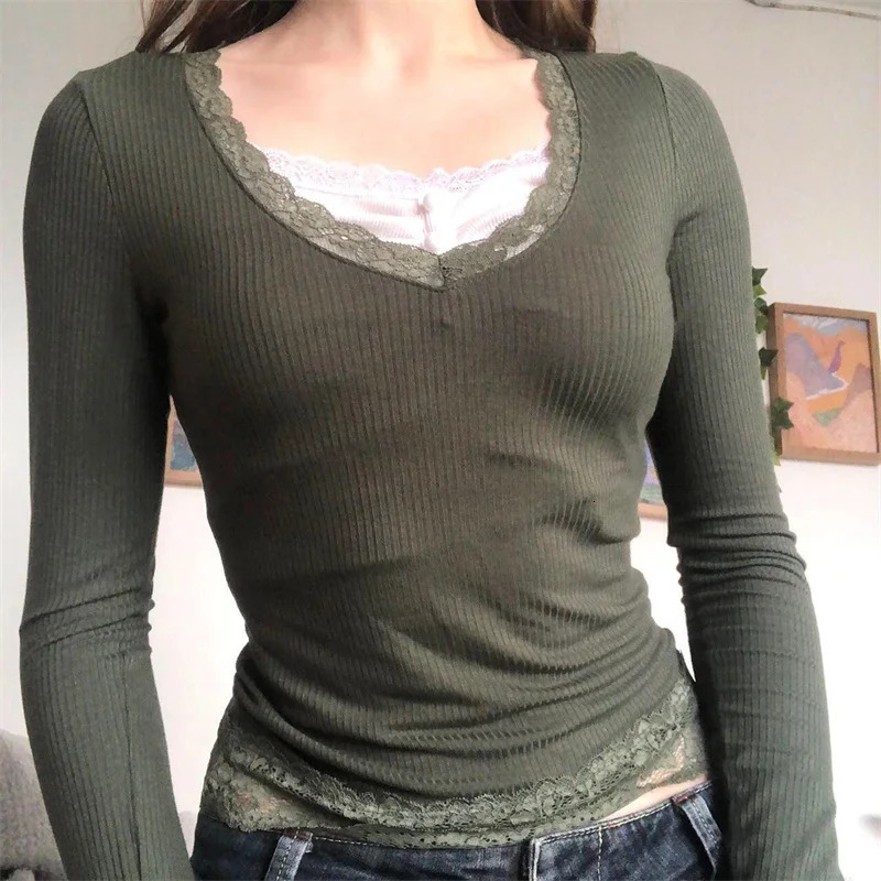 2000s y2k Long sleeve Lace Patchwork Crop Tops Fairy Vintage Solid Slim Fit T Shirts Womens Outfits Aesthetic Streetwear Autumn 250226