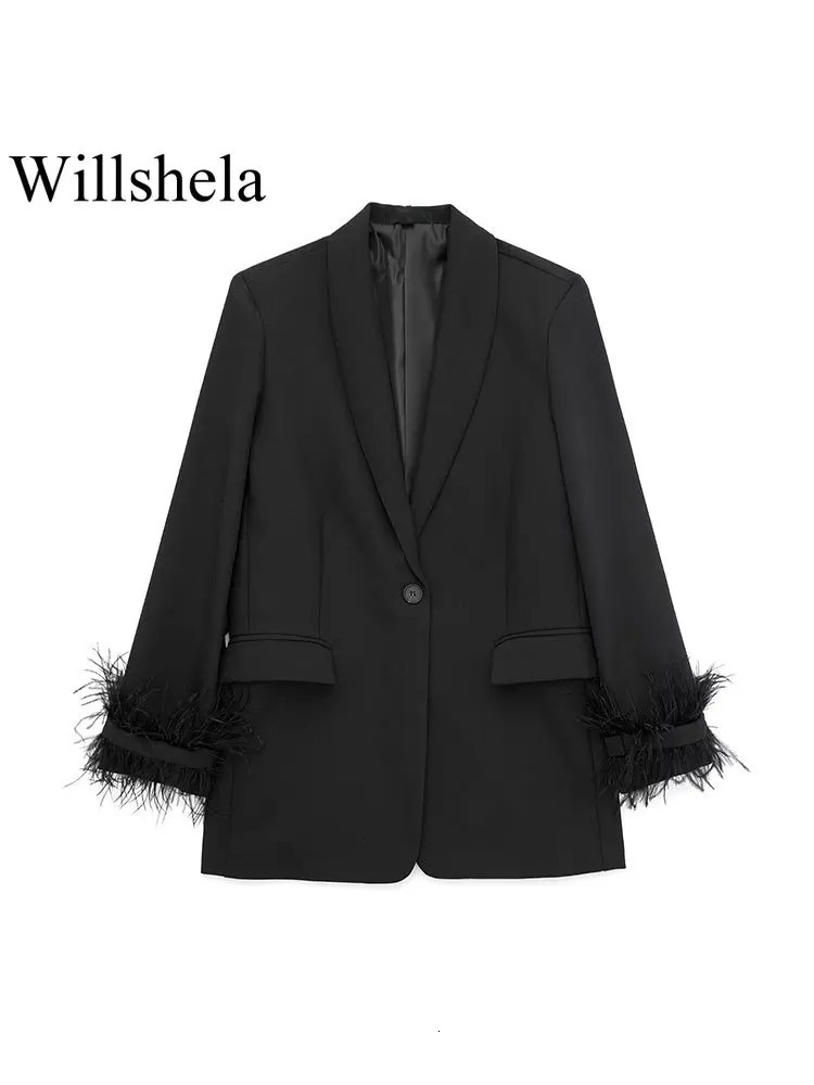 Willshela Women Fashion Satin Black With Feather Blazer Jacket Vintage Notched Neck Single Button Long Sleeves Female Outfits 250226