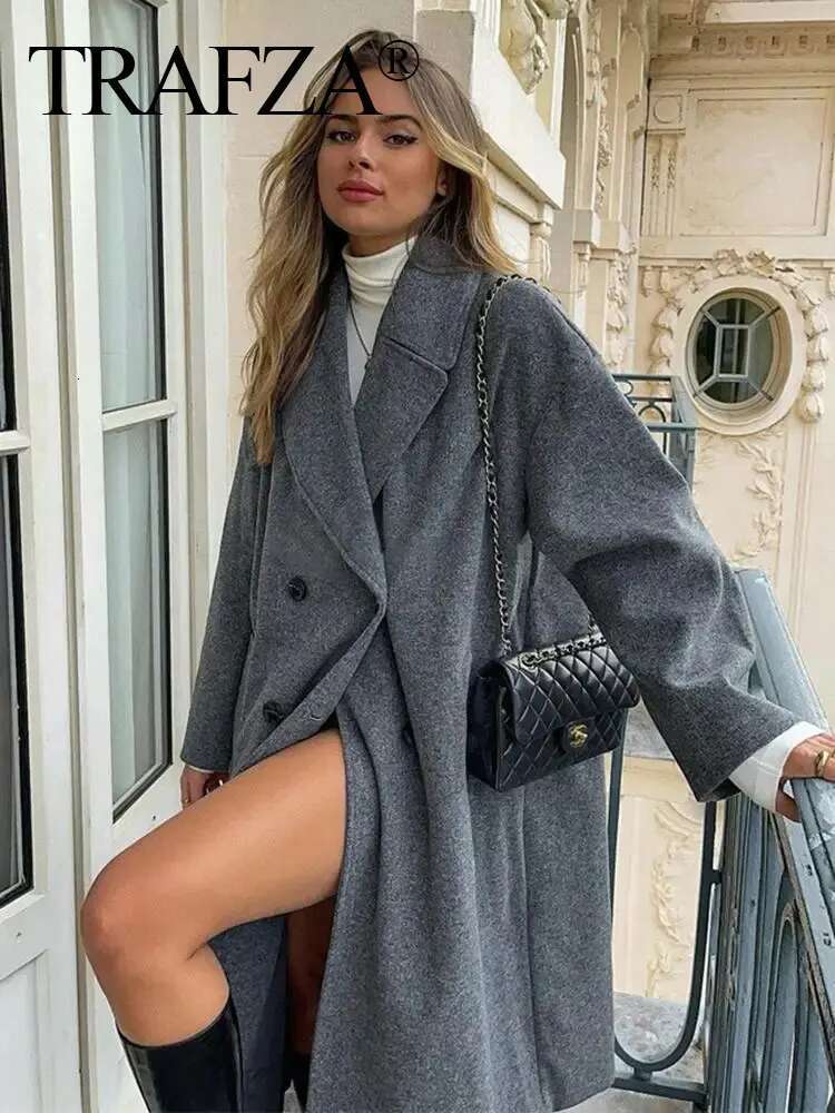 TRAFZA Winter Coat For Women 2024 Solid Lapel Double Breasted Long Cardigan Top Female Pokcet Streetwear Woman New In Outercoat
