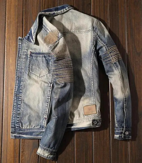 Riding Biker Denim Jacket Mens Retro Slim Cowboy Jacket Youth High Street Ripped Patch Denim Outerwear 250225