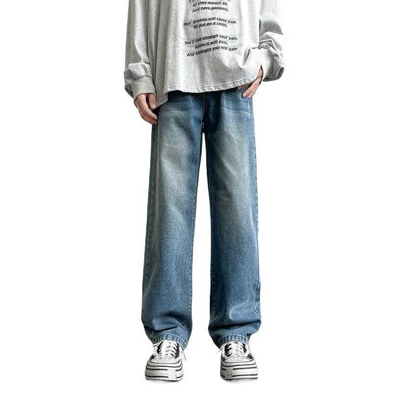 New 2025 Korean Style Mens Casual Long Jeans Classic Straight Denim Wide-Leg Pants Solid Colors Light Blue Grey Black up to 3XL X250227