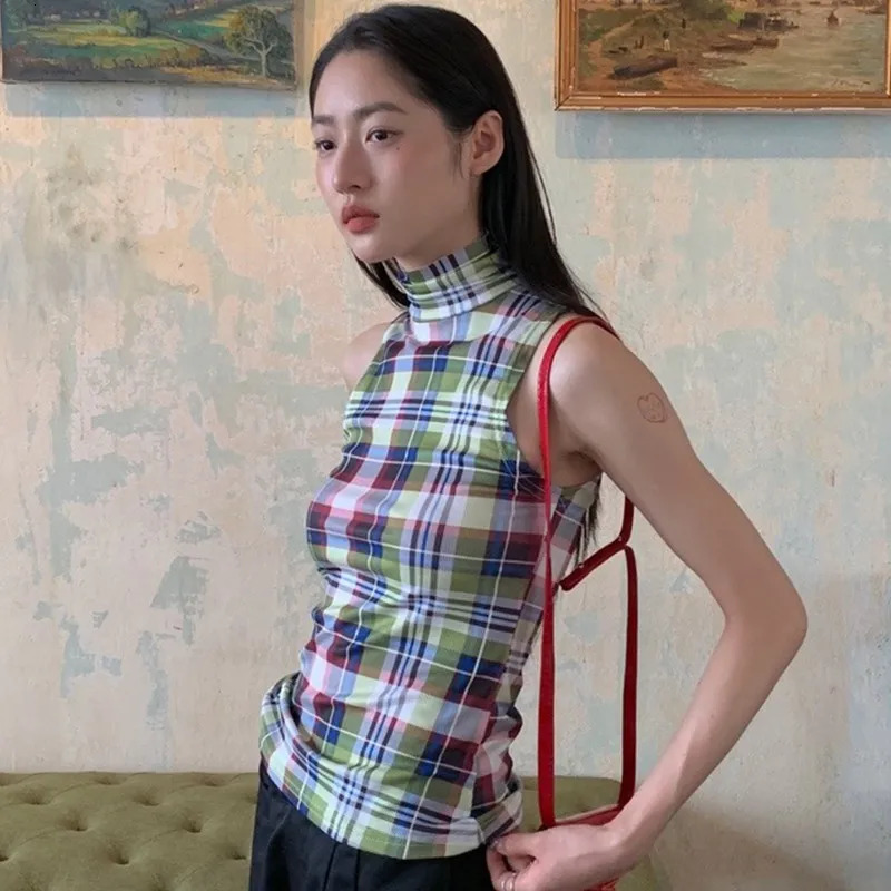 Genayooa Summer Vintage Tank Tops Women Plaid Sleeveless Crop Tops Y2k Retro Tank Tops Streetwear 2000s Japanese Tee Tops E-girl 250226