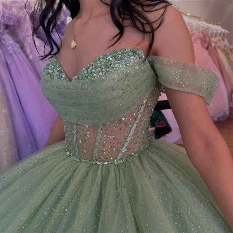 Green Shiny Quinceanera Dresses Ball Gown Off The Shoulder Beading Crystal Tull Corset Party Birthday Sweet 16 Vestidos 15 De Anos