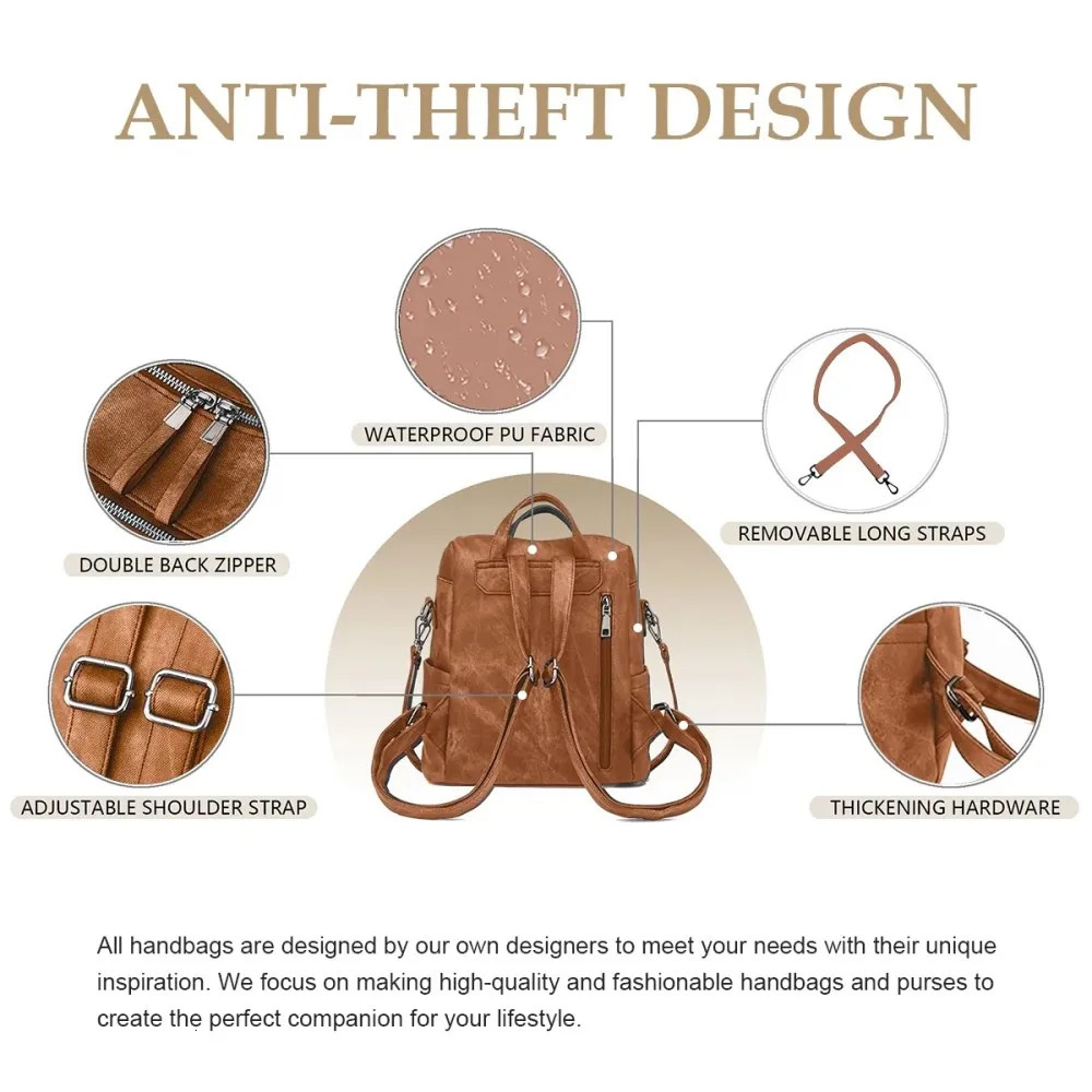 Ship from US Backpack Purse for Womens Waterproof PU Leather Backpacks Handbags Ladies Casual Shoulder Bags BrownNo shipment on weekends 250227FBB