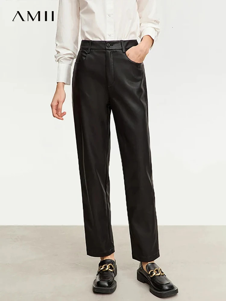 AMII Minimalist Ankle strength Casual Womens Pants Winter PU Leather Straight Fashion Solid Trousers 12345138 250227
