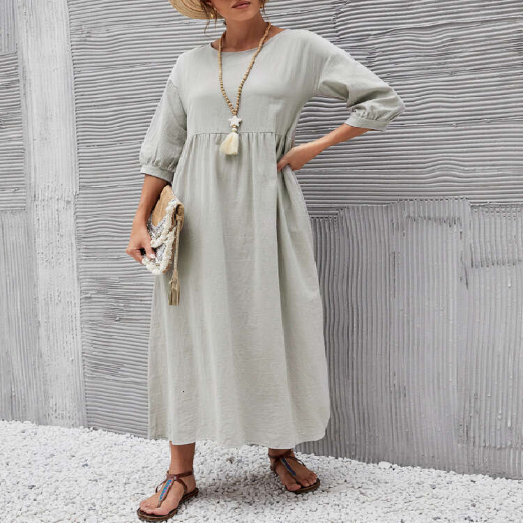 Women's European American Solid Color Lantern Sleeve Loose Cotton and Hemp Pocket Dress 2025 New Casual Fashion Trendy Clothing