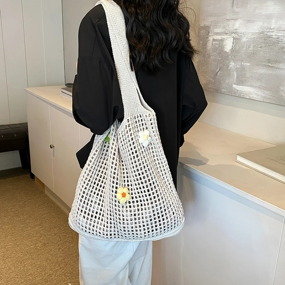 Ship from US Women Knitted Tote Bag Crochet Shoulder with Flower Decor Hollow Out Handbag Casual Beach Outdoor Travel 250227FBB
