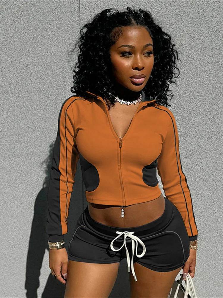 Weird Puss Tracksuit Women Patchwork 2 Piece Set Fall Trend Sporty Zipper Crop JacketShorts Casual Hipster Matching Skinny Suit 250226