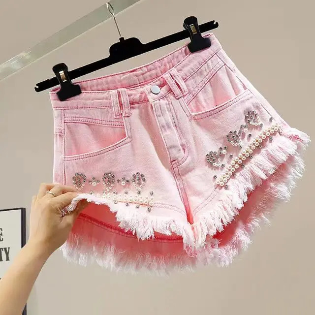 Pink Bead Diamond Irregular Burr Edge Wide Leg A-Word Denim Shorts Pants Womens Korean High Waist Jean Shorts Mujer 250226