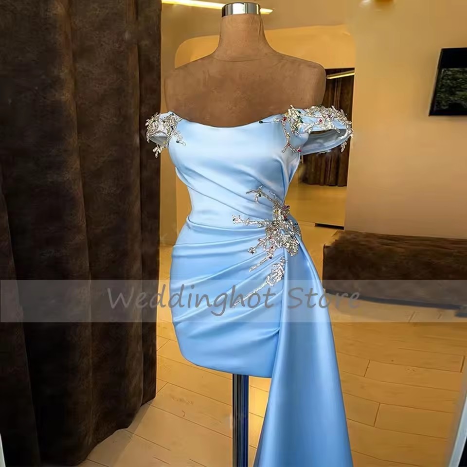 Sky Blue Short Prom Dresses Off The Shoulder Beading Pleated Mini Cocktail Evening Gowns Homecoming Party Gowns Elegant Mini Cocktail Dress Vestidos D