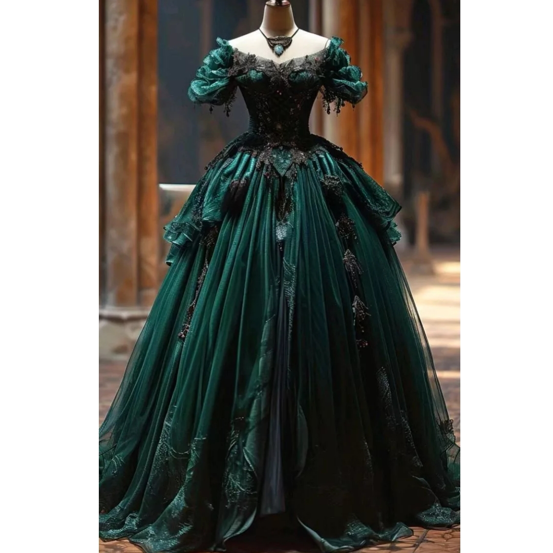 Medieval Vintage Prom Dresses Dark Green And Black Long Victorian Special Occasion Dress Short Sleeves Lace Appliques Retro Corset A-Line Floor Length