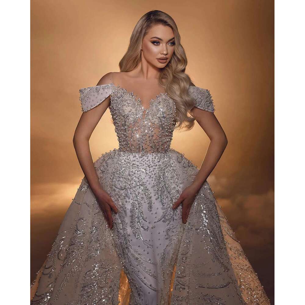 Juno-Neck Mermaid Bridal Dress with Pearls, Off-the-Shoulder, Made-to-Order, for Girls