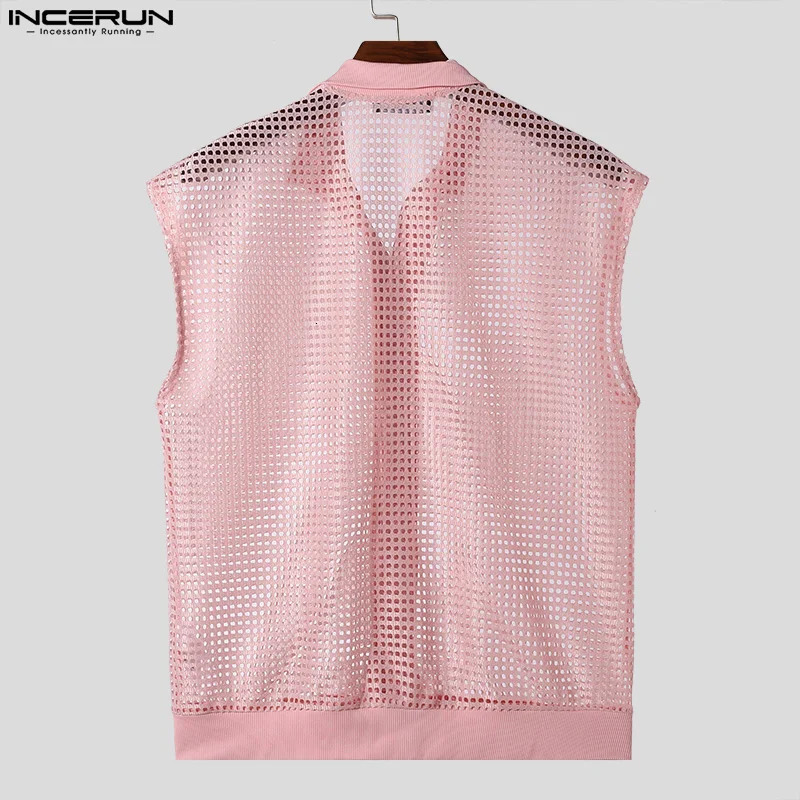 Mens Shirt Hollow Out Transparent Mesh Solid Lapel Sleeveless Summer Men Clothing Streetwear Casual Vests Shirts INCERUN 250224