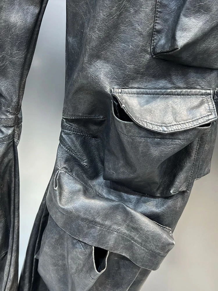 DEAT Multi Pocket n Retro PU Womens Leather Pants High Waist Single Button Freight Transport Vehicle Fall 11X5286 250227