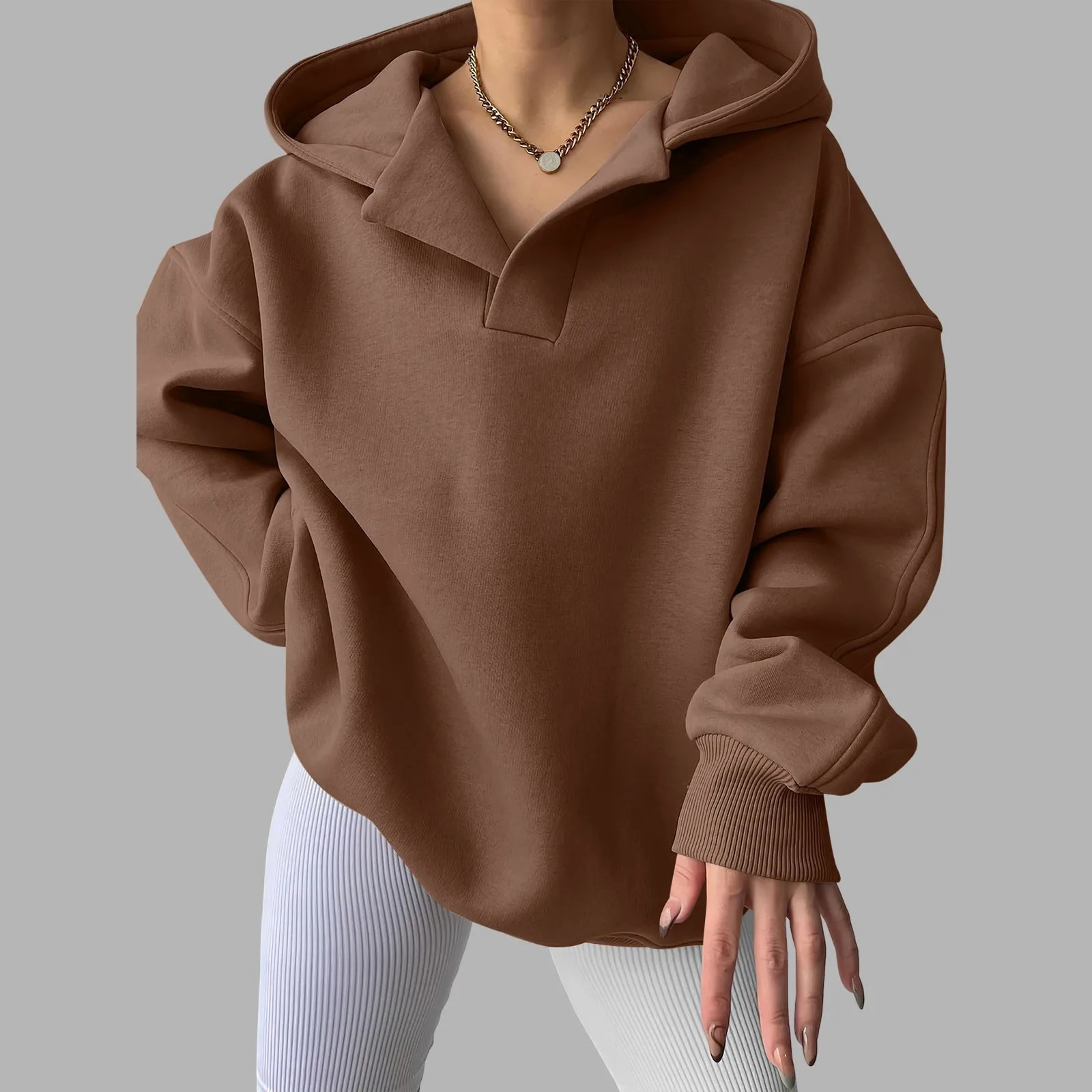 Womens V Neck Oversized Hoodie With Pocket Fashion Trend Streetwear Classic Style Fleece Lined Sweatshirt 250227