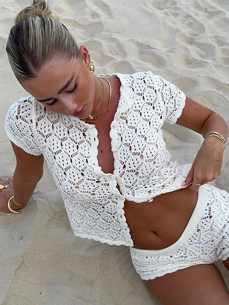 Womens Tracksuits Women Crochet Hollow Out Top Shorts Set Fashion Round Neck Cardigan Crop Tops 2 Piece Sets Summer Lady Y2k Beach Party