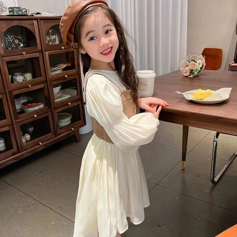 Long Sleeve Chiffon Princess Dress PU Leather Vest 2Pcs Girls Dress Spring And Autumn Fashion 2-12 Years Kids Clothes 250227
