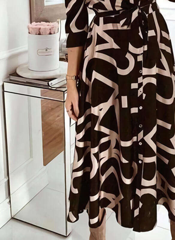 European American women's V-neck spring autumn printed button long sleeved lace up dress 2025 new style chic and elegant clothing