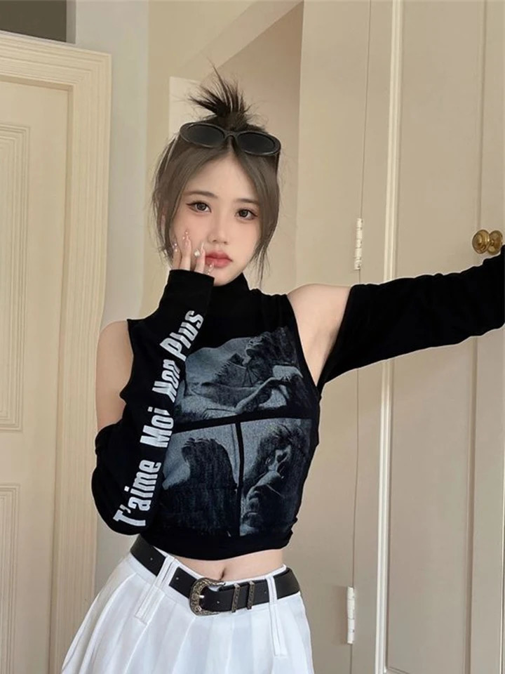 Zoki Sexy Cropped Y2K T Shirts Women Hollow Out with Sleeves Slim Tops Vintage American Harajuku Turtleneck Female Punk Tees 250226