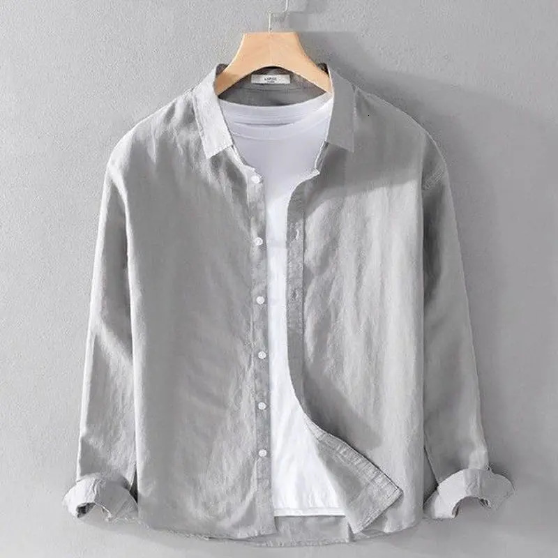 Spring Summer Mens Solid Color Simple Long-sleeved Shirt Loose High-end Comfortable Square Collar Handsome Trendy Mens Shirt 250224
