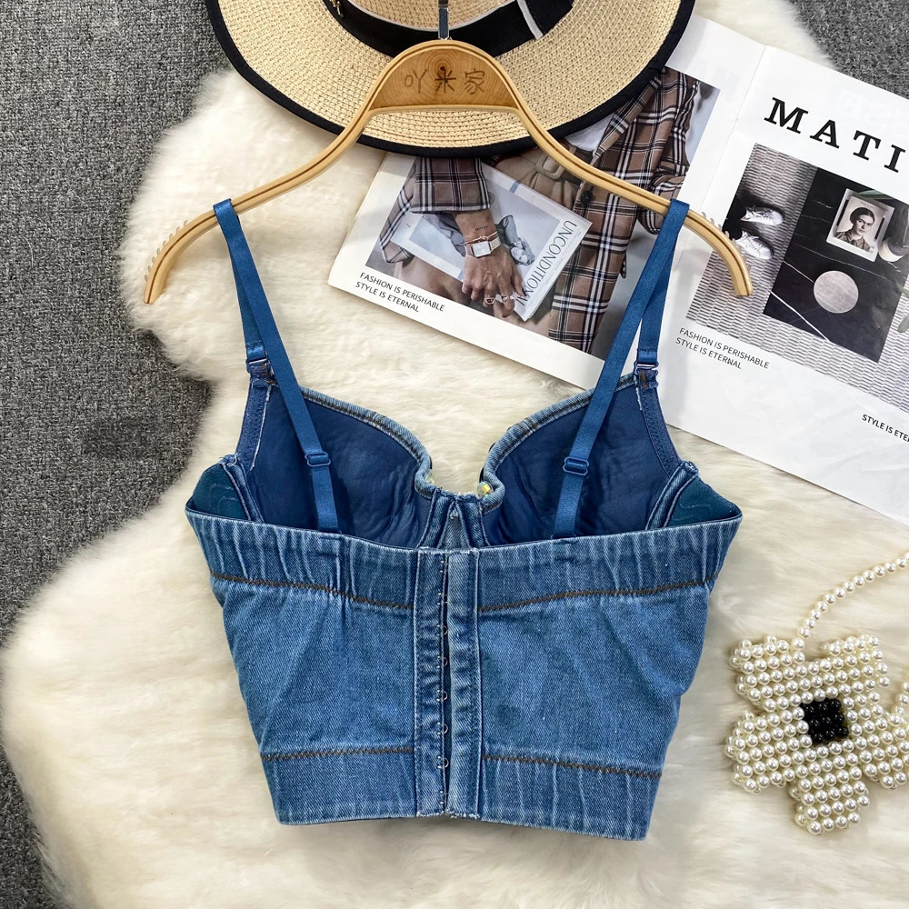 Womens Summer Denim Camisole Corset Top Build In Bra Crystal Diamonds Pearl y Jeans Tops High Street Club Party Nightwears 250226