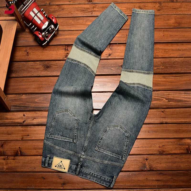 High-End Trendy Jeans Mens Stitching Patchwork Fashion Stretch Slim-Fitting Ankle-Tied Trendy Brand In Pants X250227