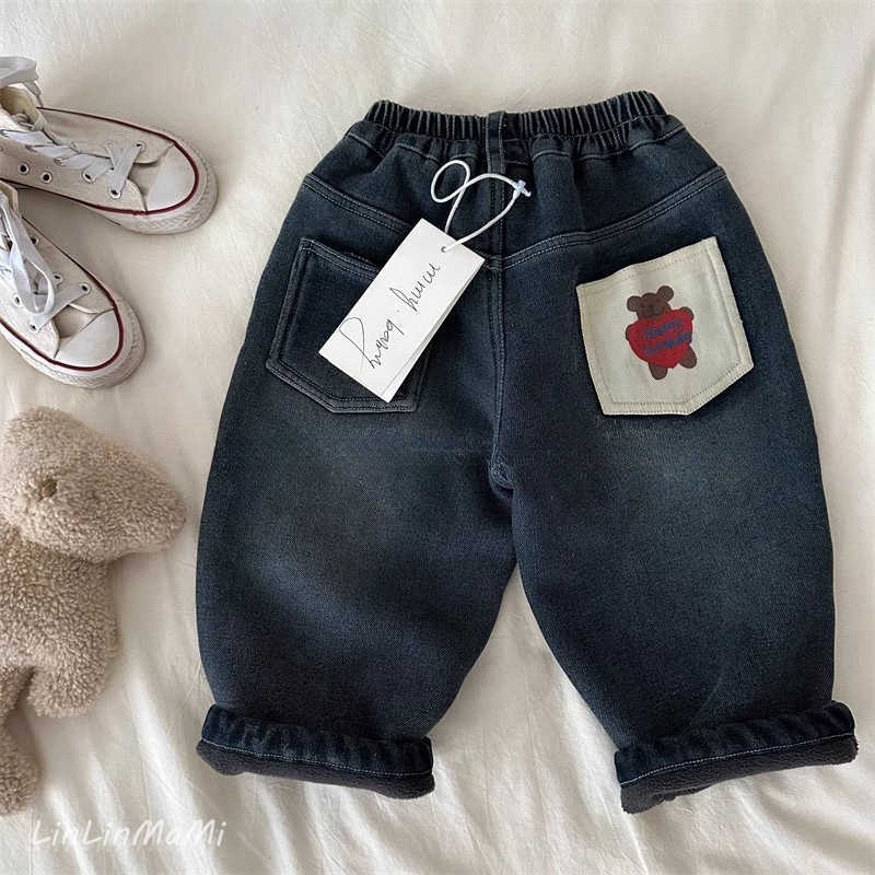 Jeans Childrens Velvet Jeans 2025 Winter Korean Edition New Product Mens and Womens Cartoon Bear Casual Pants Baby Straight Leg PantsY25022782GF