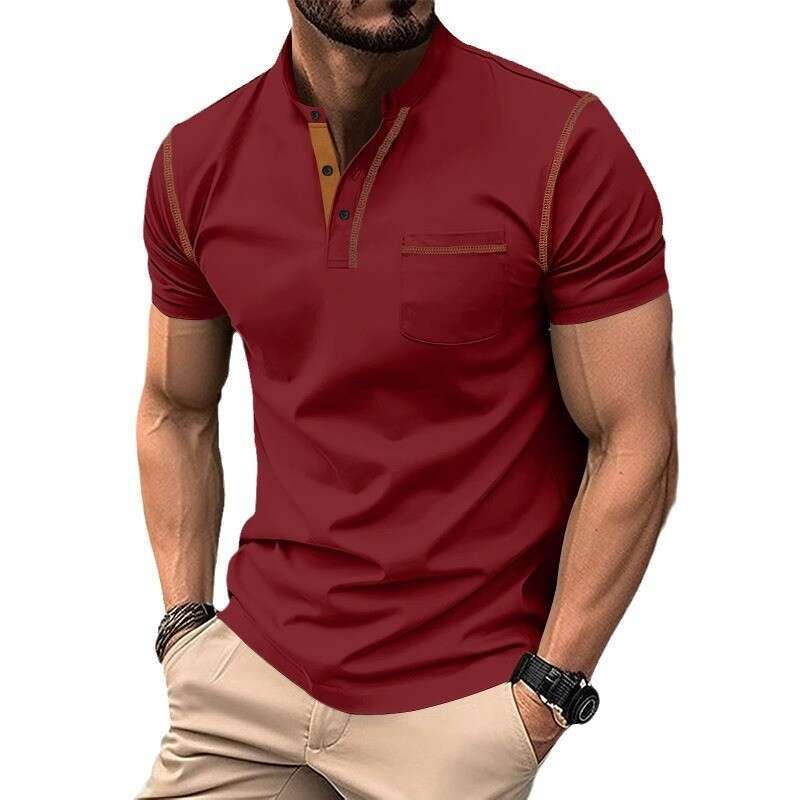 2024 Summer Short sleeved Henley Shirt Men's Round Neck Color Block T-shirt