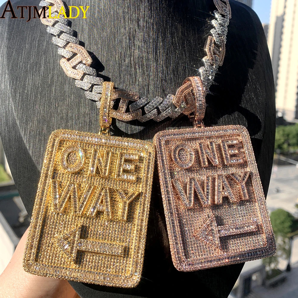 Hip Hop Geometric Rectangle Letter One Way Pendant Necklace Full Paved Cubic Zirconia Iced Out Bling 5A Cz Men Boy Jewelry 250227