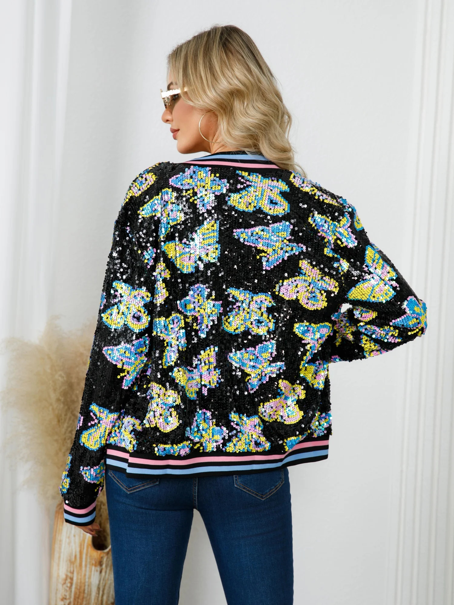 Butterfly Pattern Beaded Jacket Stylish Long Sleeve Zipper For Spring Fall Womens Clothing 250227