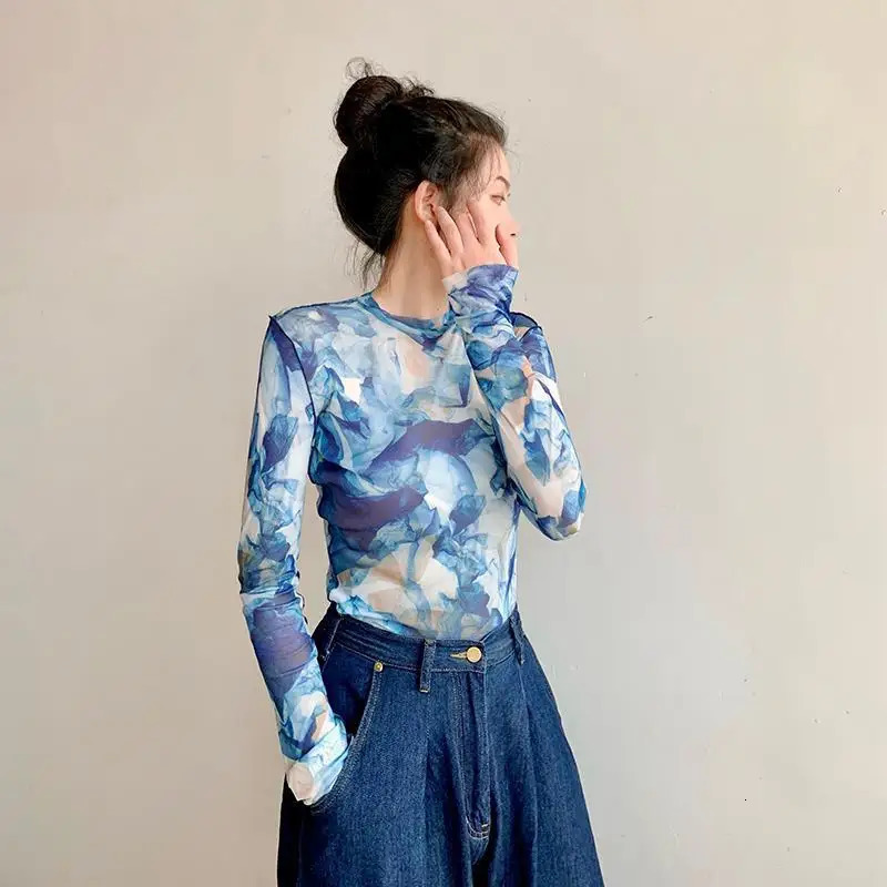 Womens Clothing Vintage Tie Dye Printed Tshirts Y2K Streetwear Sexy Mesh Slim Tees Female Casual O Neck Long Sleeve Basic Tops 250226
