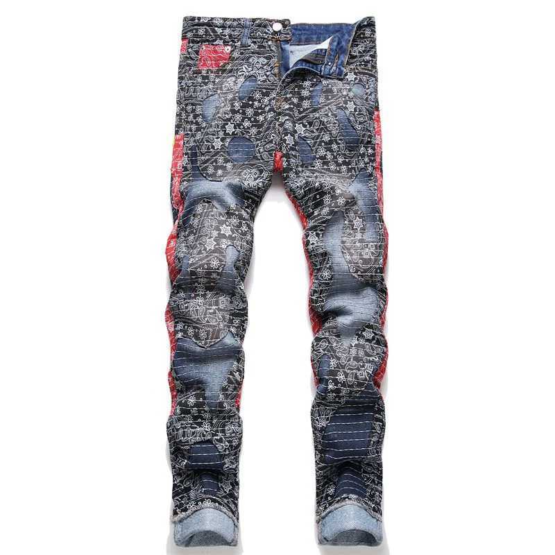 High Street Fashion Denim Jeans Printed Party Blue Splicing Color Blocked Non Stretch Straight Leg Male Trousers X250227