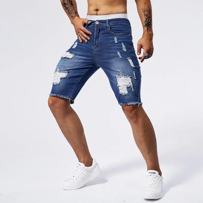 2025 Summer Mens Ripped Denim Shorts Fashion Vintage Hole Streetwear Stretch Slim Knee-length Short Pants Trendy Male 250226