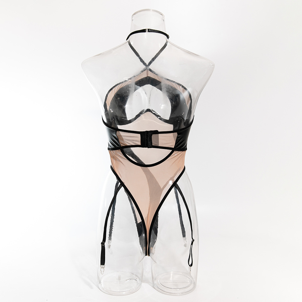 Women's Jumpsuits Halter Hollow Out PU Leather Playsuits Women Strapless Shapewear 2024 Fashion Patchwork Sheer Backless Sexy Bodysuits