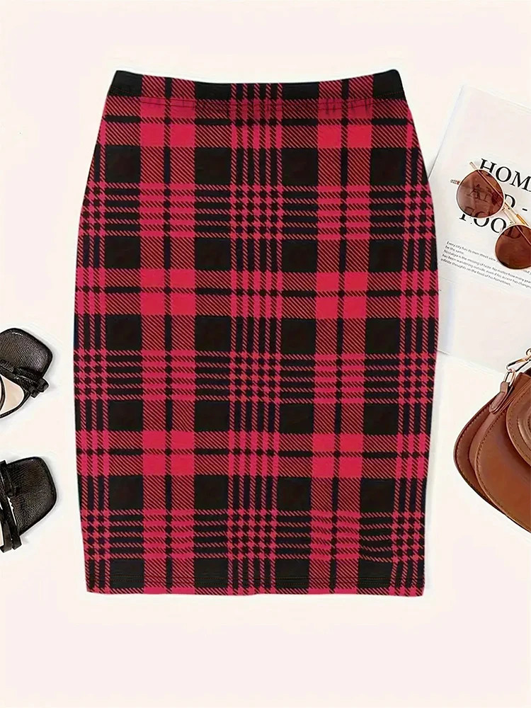 Plus Size Checkered Slim Skirt Casual High Waist Mid-Length Skirt Women Spring Summer 250226