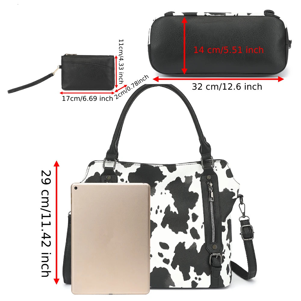 Ship from US 2PC Set Purses Tote Bag For Women Handbags PU Leather Large Shoulder Cow Pattern Work Bags With MultiPockets Print 250227FBB