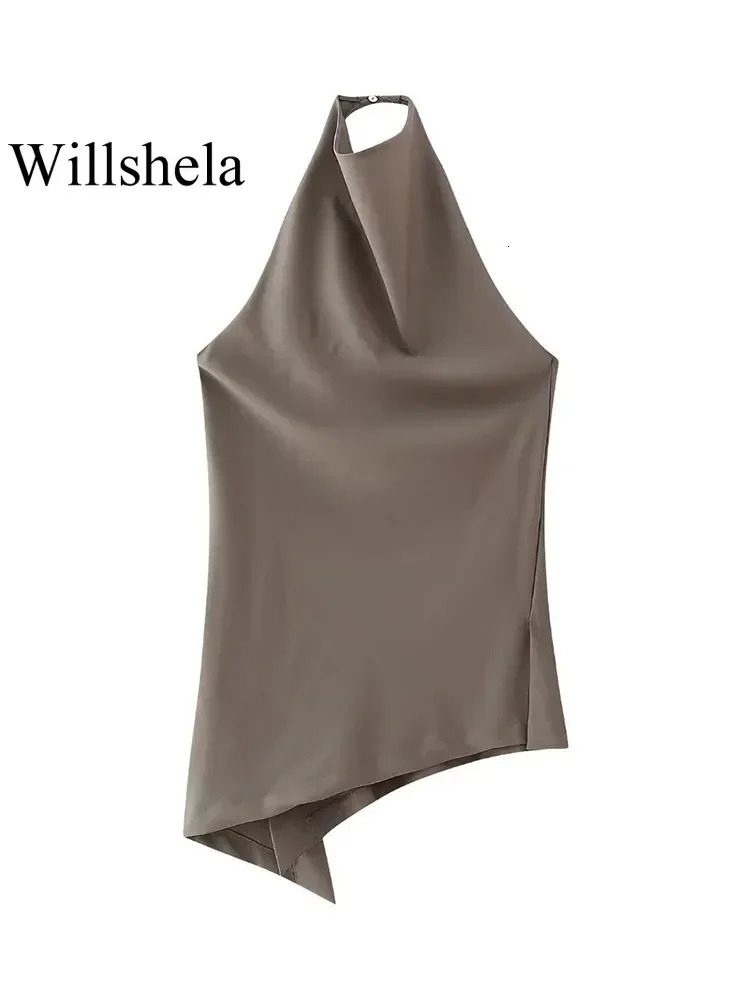 Willshela Women Fashion Two Piece Set Brown Pleated Halter Neck Tops Straight Pants Vintage Female Chic Lady Suit 250226